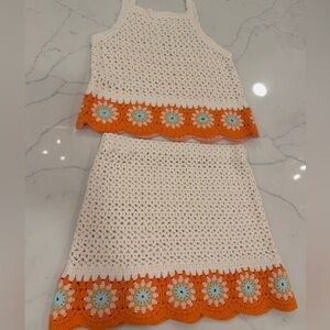 Zara girls knit crochet skirt set 8-9 excellent orange ivory pink